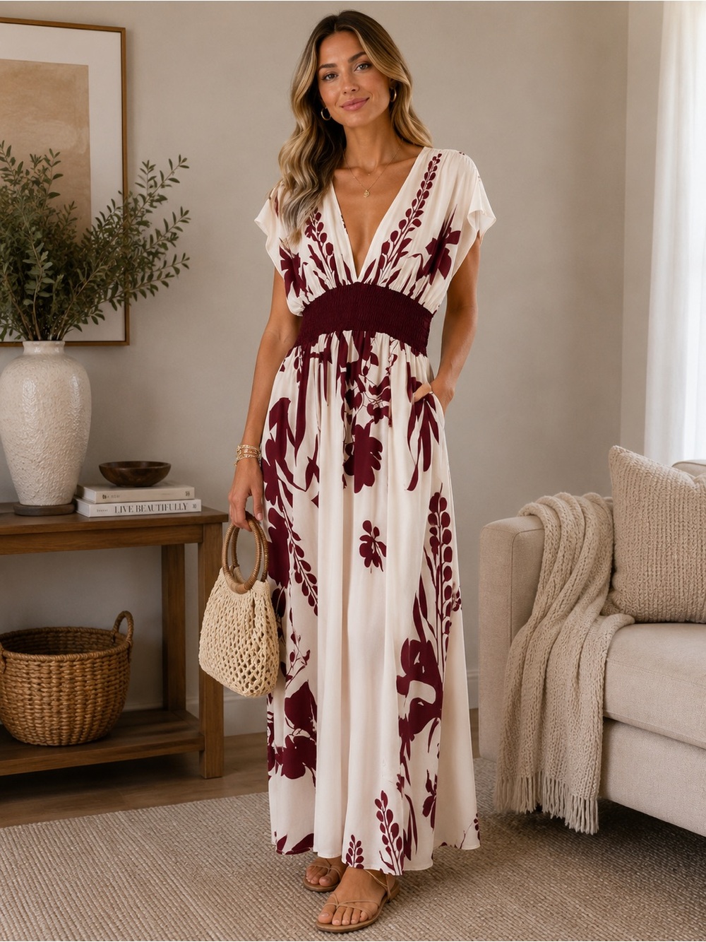 Floral V-Neck Maxi Dress - Cream & Burgundy